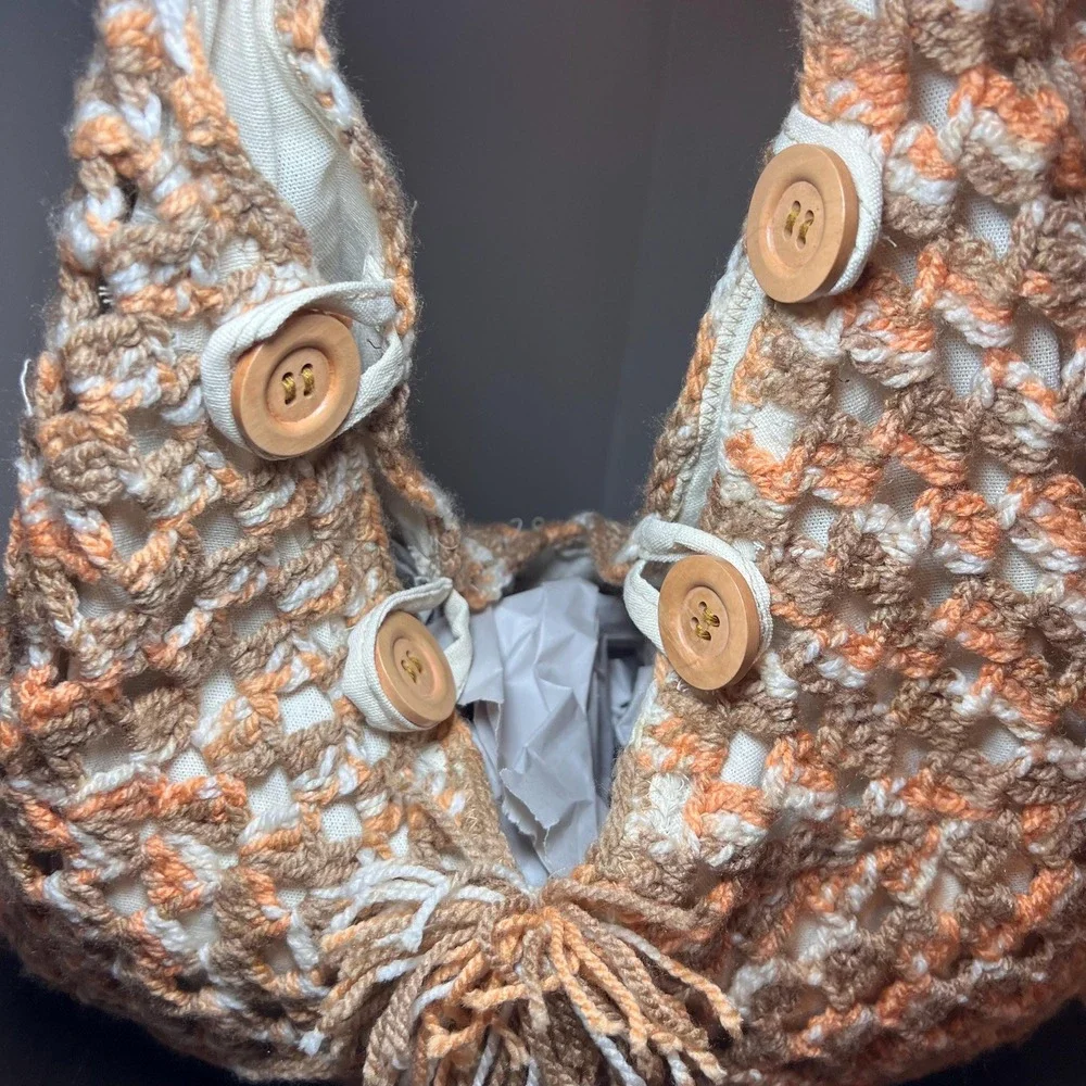 Handmade Crochet Hobo Bag Lined Boho Shoulder Purse Peach Tan Cream Wood Buttons
